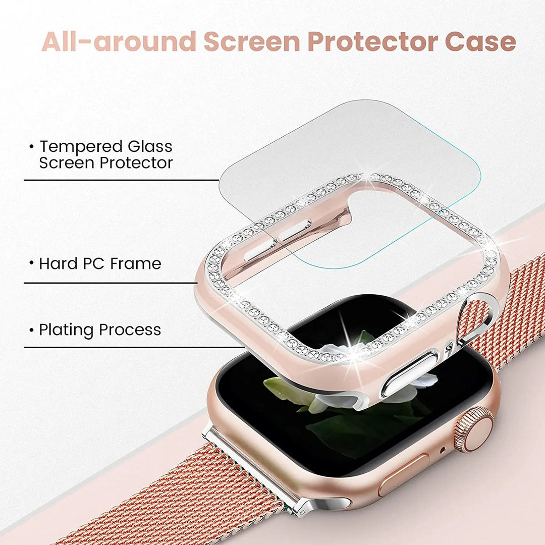 Glass+Cover For Apple Watch Case 45mm 44mm 41mm 40mm 38 42mm Bling Diamond bumper+Screen Protector iwatch series 9 8 7 5 6 4 SE