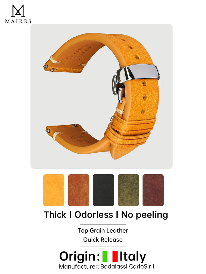 Luxury Italian Vintage Cowhide Leather Strap with Butterfly Buckle