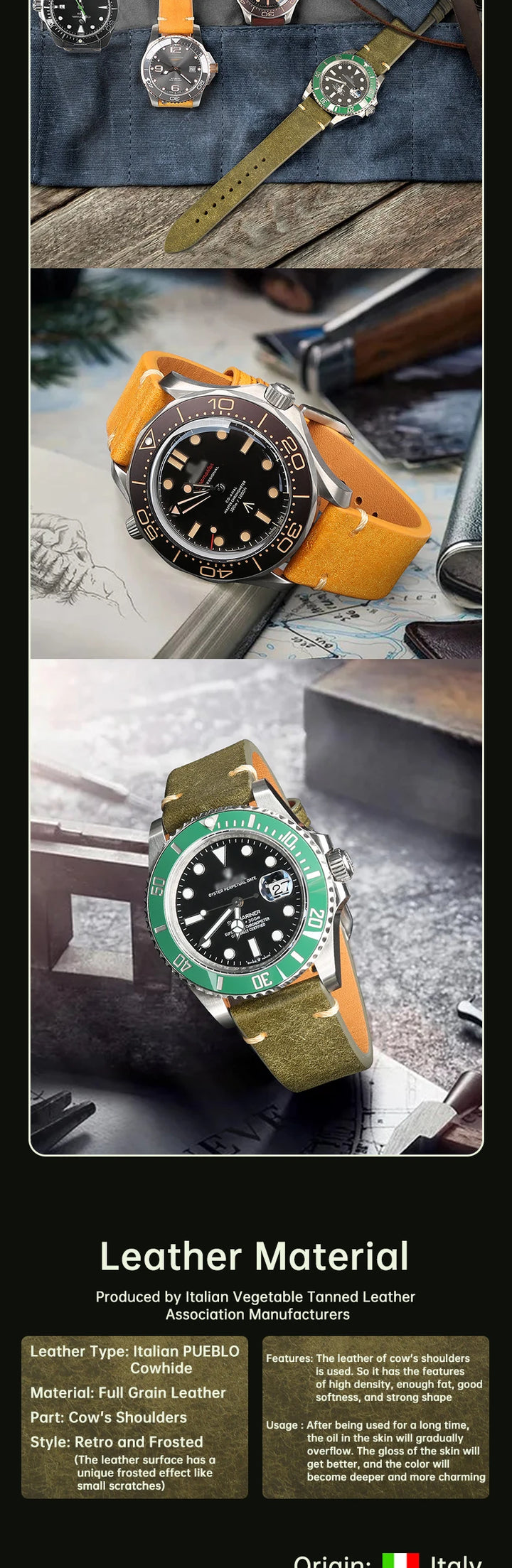 Luxury Italian Vintage Cowhide Leather Strap with Butterfly Buckle