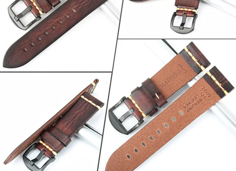 MAIKES Handmade Calfskin Leather Watch Strap – 20/22/24mm, Vintage for Panerai, MIDO & Longines