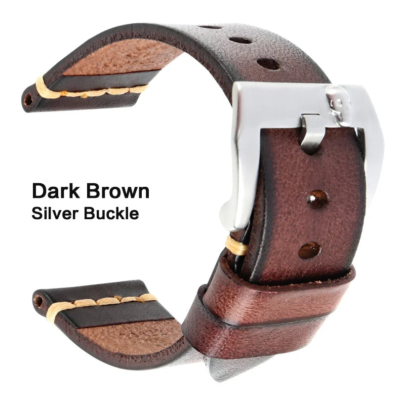 MAIKES Handmade Genuine Cow Leather Watch Band Vintage Black Watchband Watch Bracelet 20mm 22mm 24mm Watch Strap