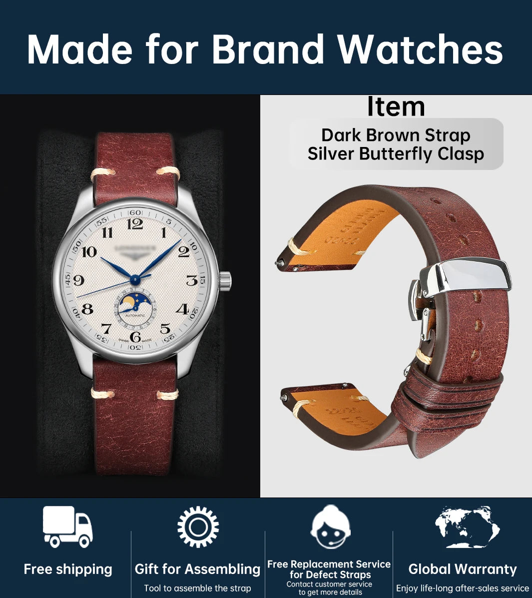 MAIKES Vintage Leather Watch Strap with Butterfly Buckle