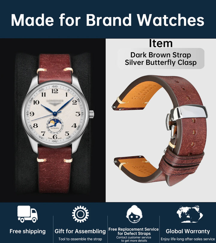 MAIKES Vintage Leather Watch Strap with Butterfly Buckle