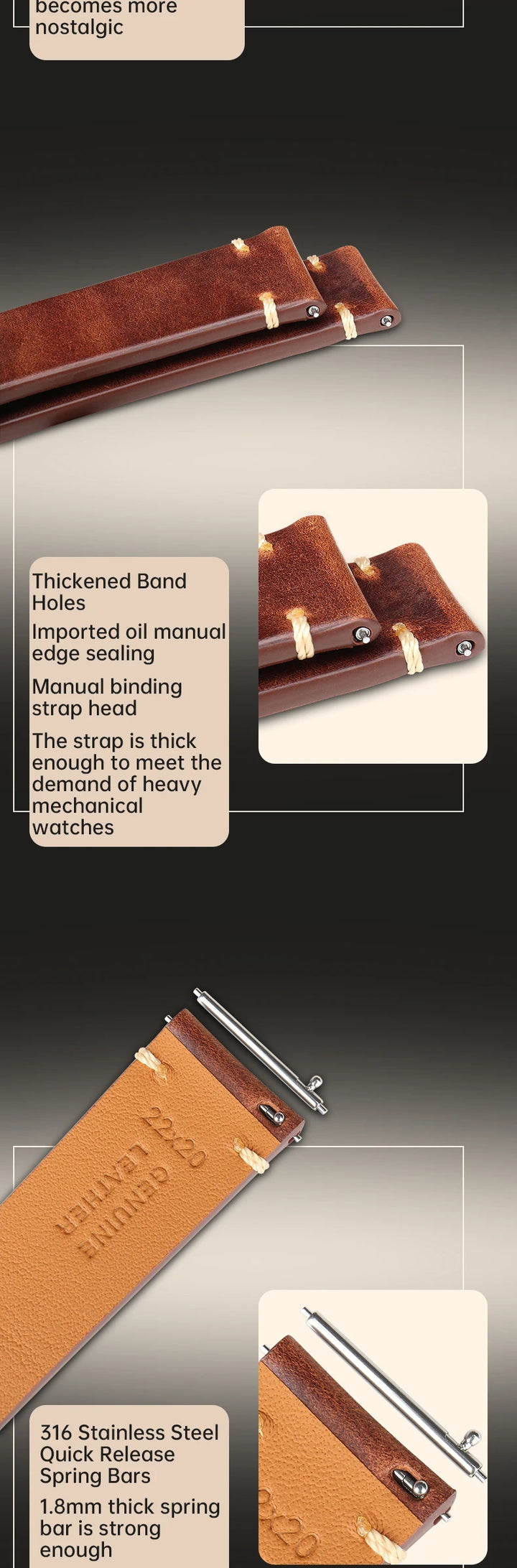 Vintage Vegetable-Tanned Leather Watch Band 20-24mm from Tuscany, Italy