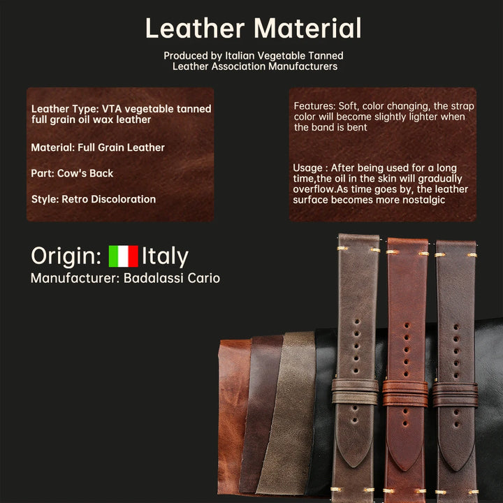Vintage Vegetable-Tanned Leather Watch Band 20-24mm from Tuscany, Italy