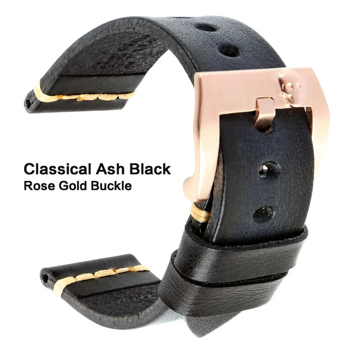 MAIKES Handmade Genuine Cow Leather Watch Band Vintage Black Watchband Watch Bracelet 20mm 22mm 24mm Watch Strap