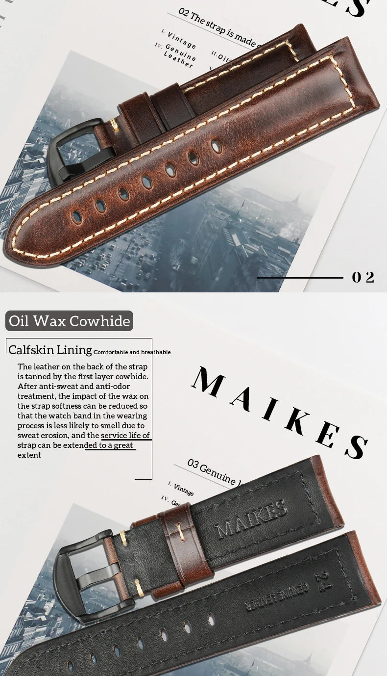 Vintage Oil Wax Leather Watch Strap 20–26mm for Panerai & Breitling – MAIKES