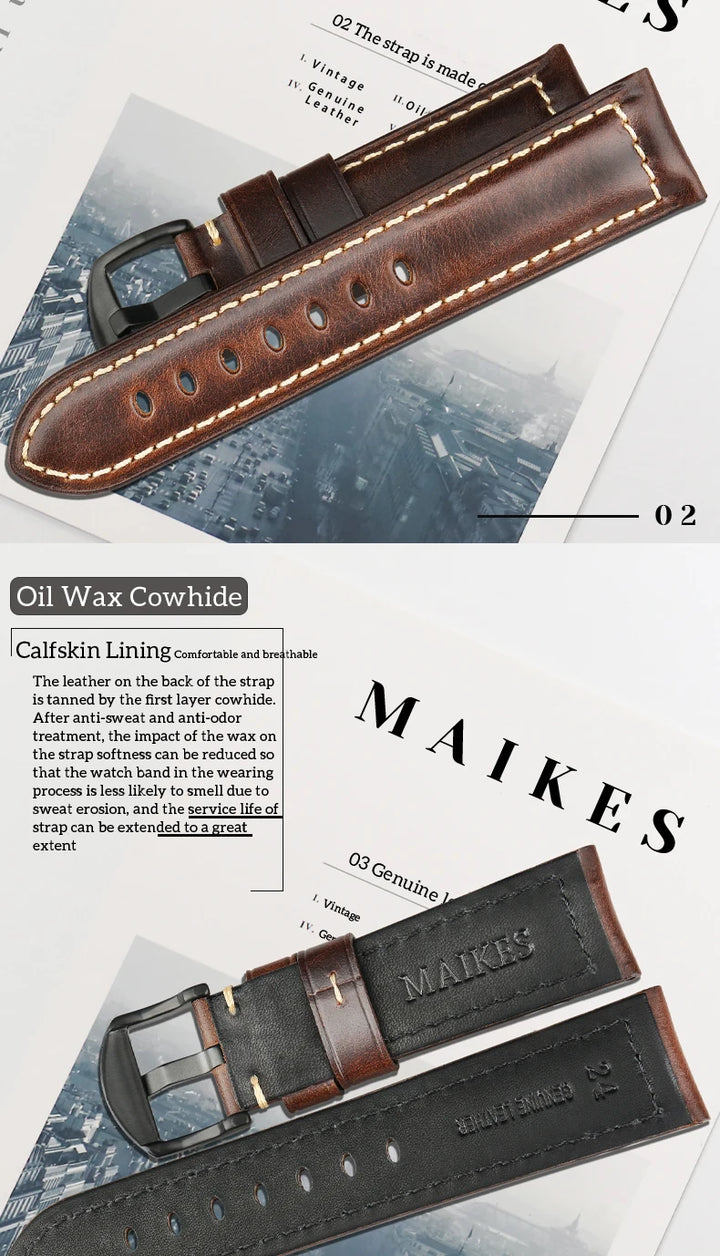 Vintage Oil Wax Leather Watch Strap 20–26mm for Panerai & Breitling – MAIKES