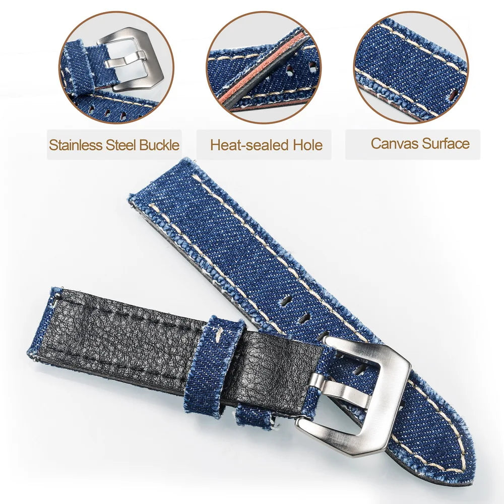 Hemsut Denim Canvas Watch Strap – 20–24mm Quick-Release with Steel Buckle