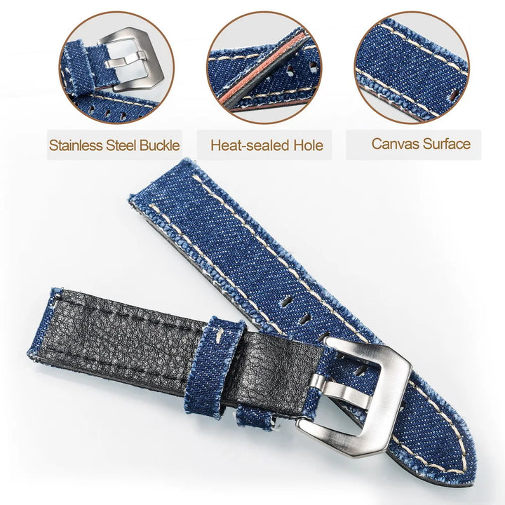 Hemsut Denim Canvas Watch Strap – 20–24mm Quick-Release with Steel Buckle