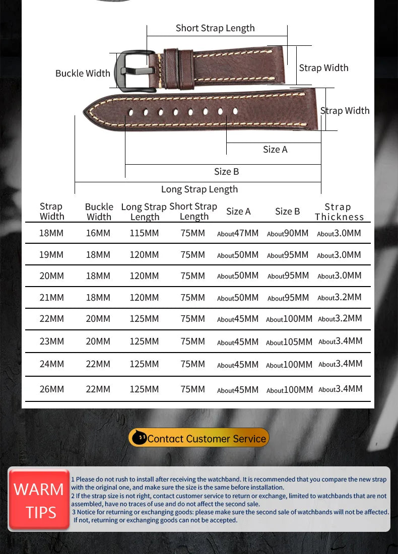 MAIKES Watch Band Handmade Genuine Leather Strap 20mm 22mm 24mm Men With Stainless Steel Buckle For Panerai Tissot Watchband