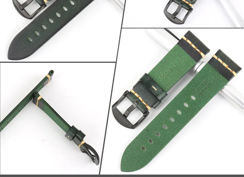 MAIKES Handmade Calfskin Leather Watch Strap – 20/22/24mm, Vintage for Panerai, MIDO & Longines