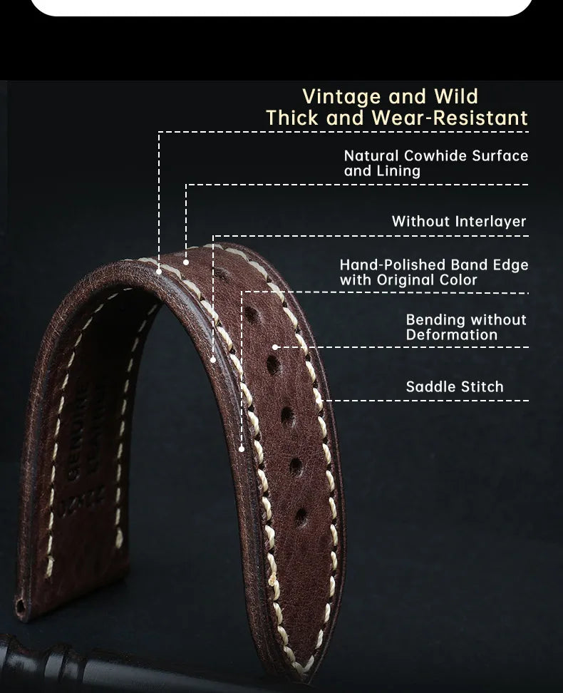 MAIKES Full Grain Cowhide Leather Watch Strap – Handmade Vintage for Omega & Hamilton
