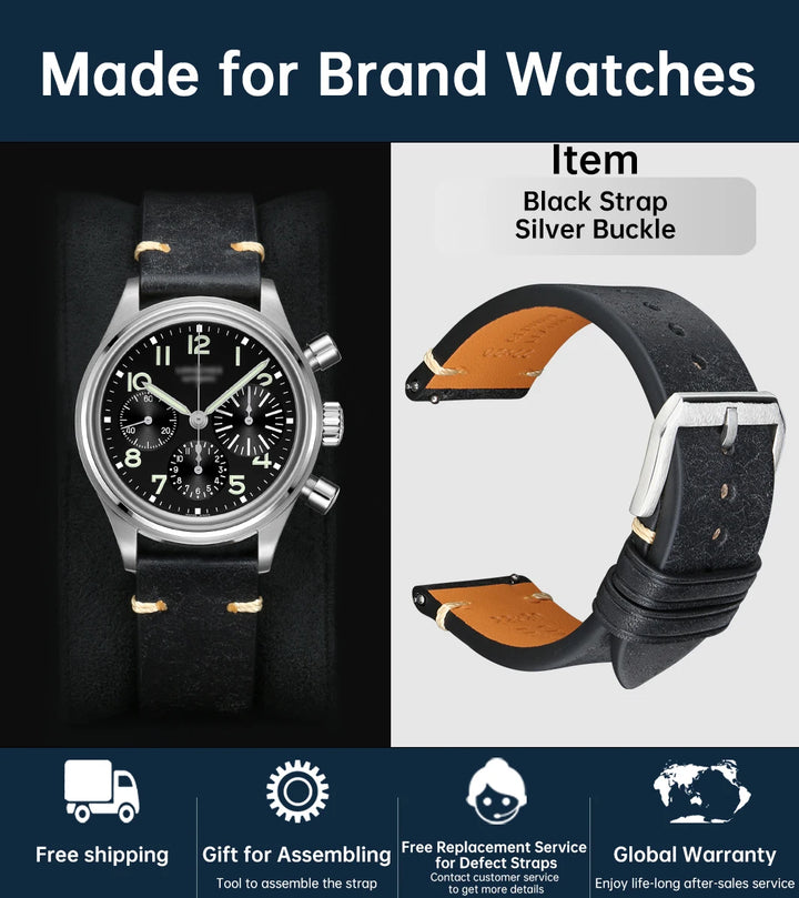 Luxury Italian Vintage Cowhide Leather Strap with Butterfly Buckle