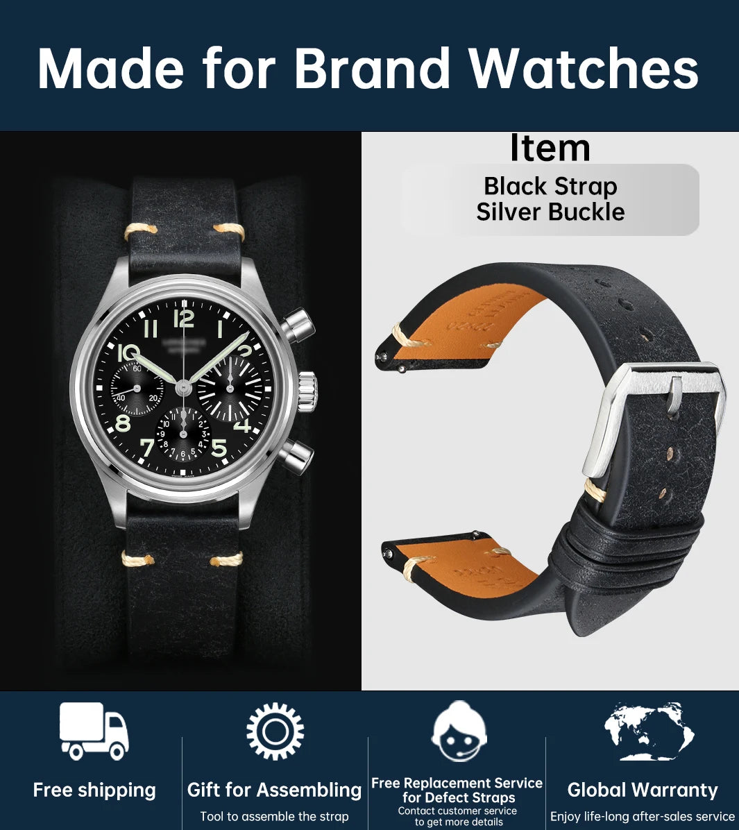 MAIKES Vintage Leather Watch Strap with Butterfly Buckle