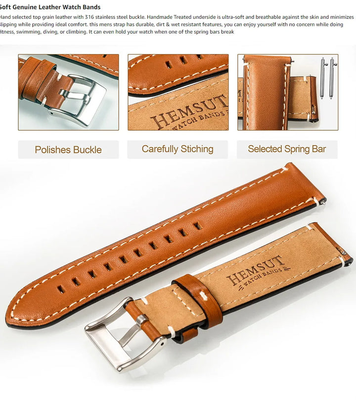 HEMSUT Genuine Cowhide Leather Quick-Release Watch Strap (18-24mm)