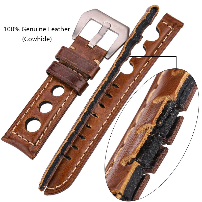 Oil Wax Cowhide Leather Watch Strap 22-24mm