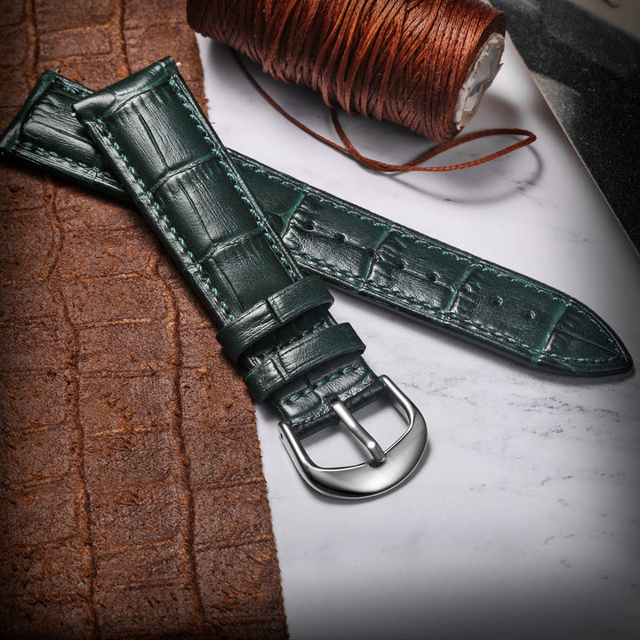Alligator-Embossed Green Leather Watch Strap 16-22mm