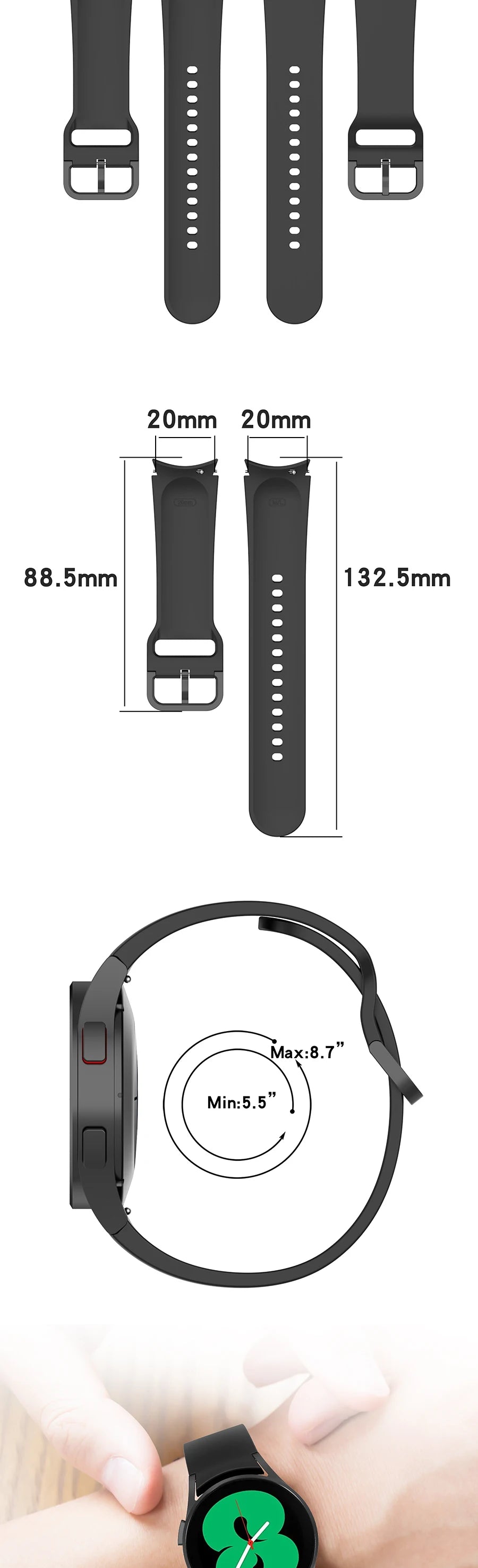 20mm Silicone Watch Strap for Samsung Galaxy Watch 40–46mm Sports Band