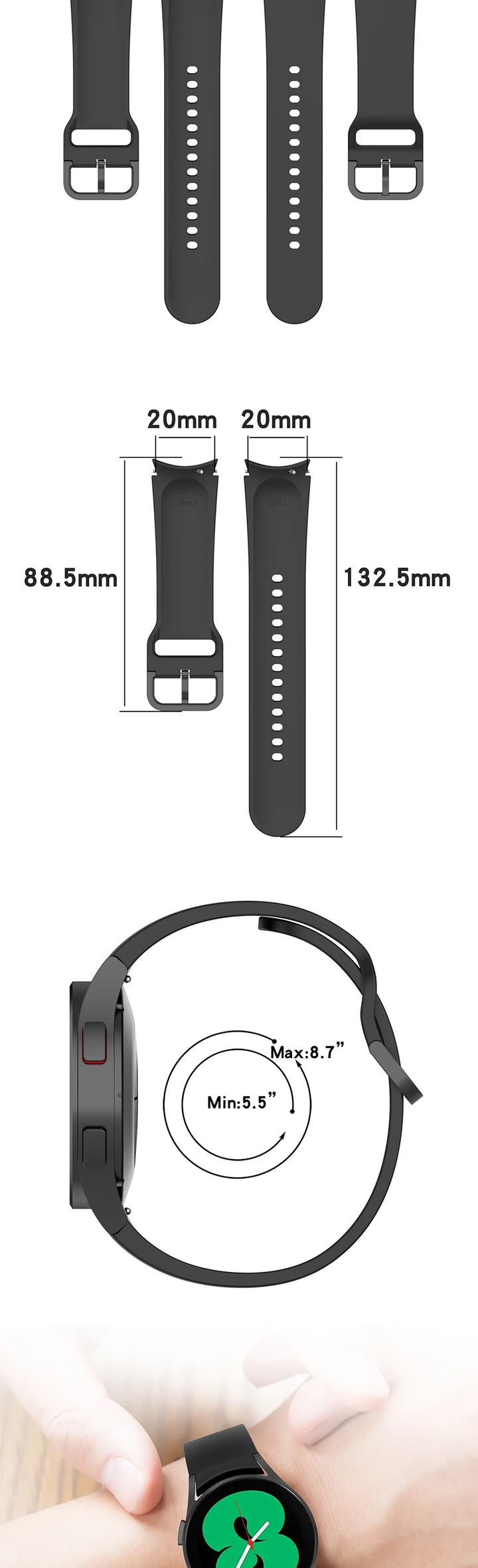 20mm Silicone Watch Strap for Samsung Galaxy Watch 40–46mm Sports Band