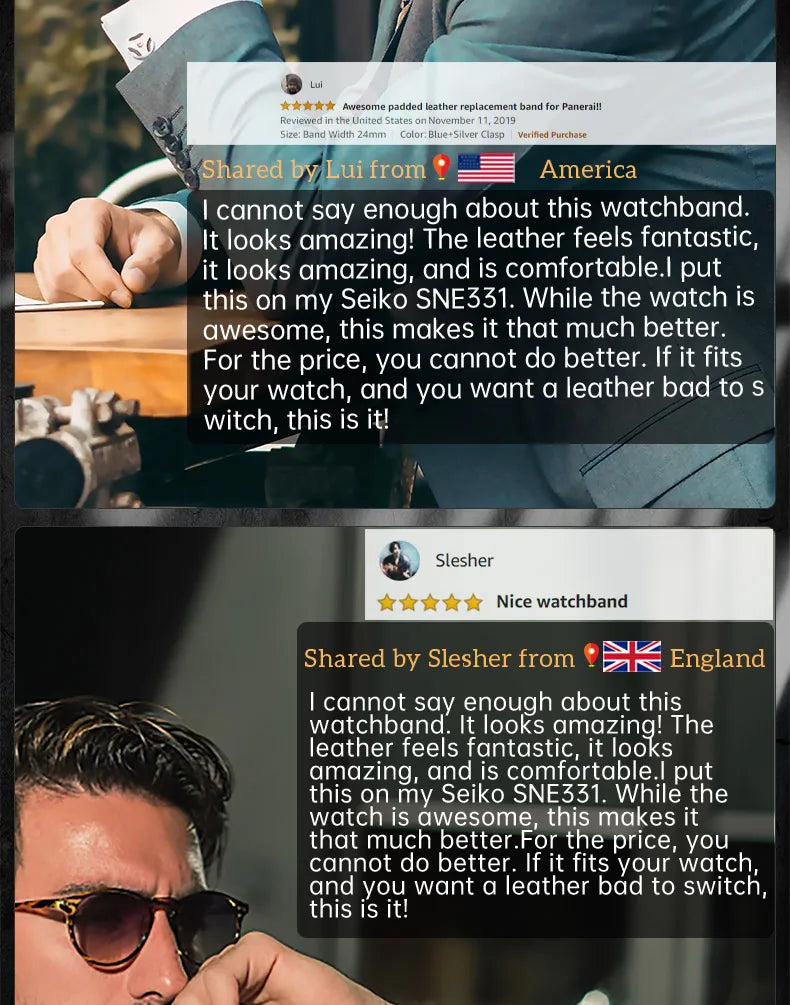 Luxury Handmade Watch Band Genuine Cow Leather Watch Strap With Butterfly Buckle Bracelet For Hamilton SEIKO Citizen Watchbands