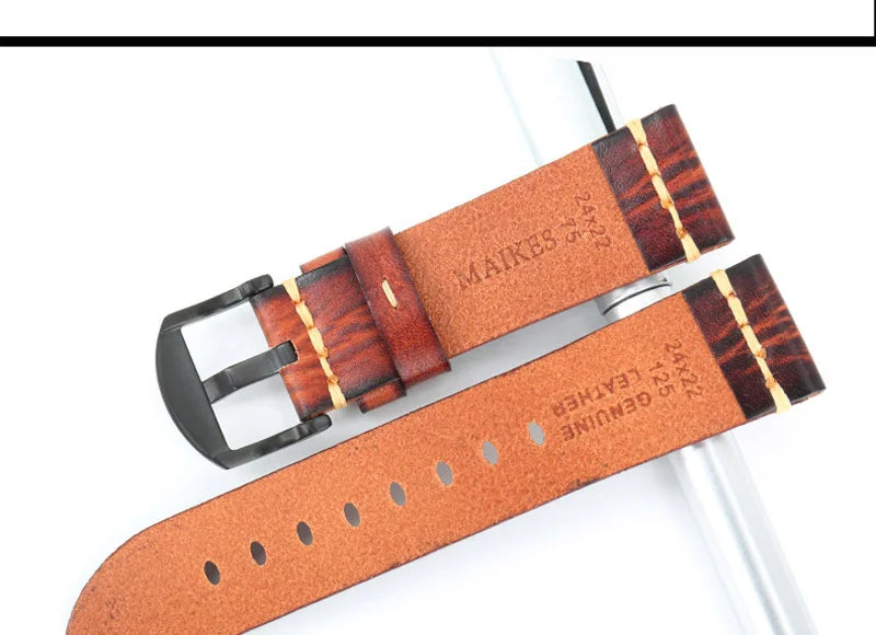 MAIKES Handmade Calfskin Leather Watch Strap – 20/22/24mm, Vintage for Panerai, MIDO & Longines