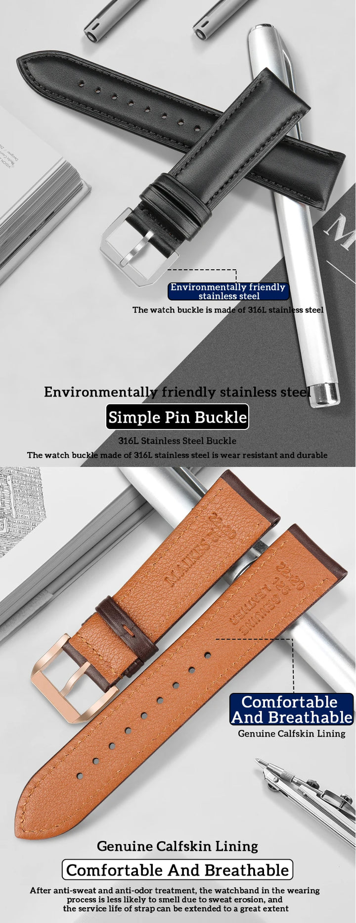 MAIKES luxury Genuine Leather Watch Band Soft Cowhide Leather Strap Bracelet For MIDO TISSOT Casio Watchbands