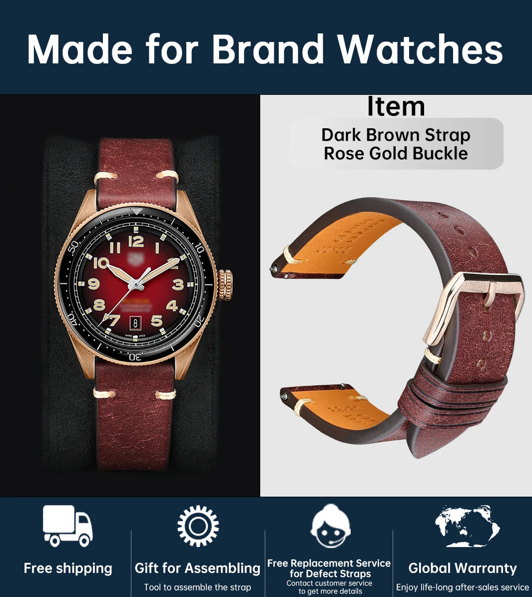 MAIKES Vintage Leather Watch Strap with Butterfly Buckle