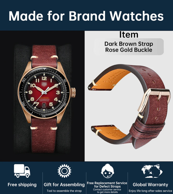 MAIKES Vintage Leather Watch Strap with Butterfly Buckle