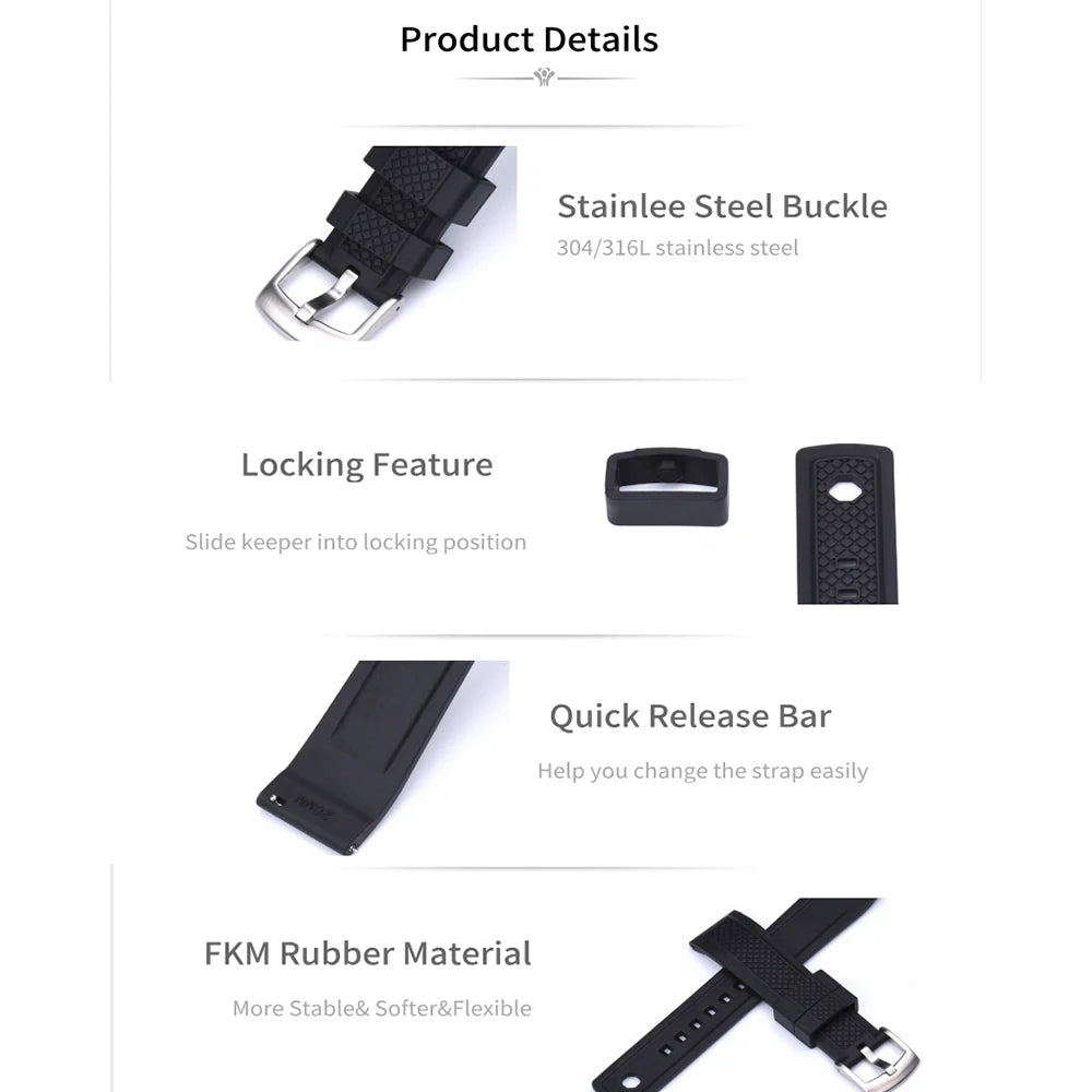 Quality Vulcanized FKM Rubber Watch Strap 20mm 22mm Black Blue Wristband Slide Keeper Ring With Quick Release Sport Watchband