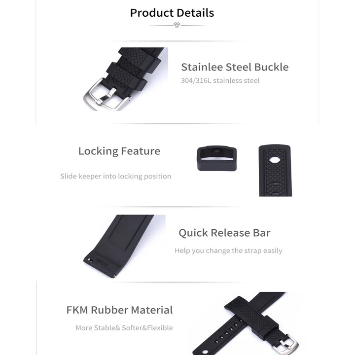 Quality Vulcanized FKM Rubber Watch Strap 20mm 22mm Black Blue Wristband Slide Keeper Ring With Quick Release Sport Watchband