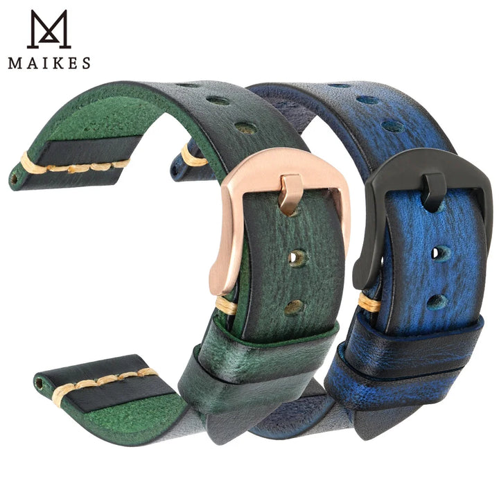 MAIKES Handmade Calfskin Leather Watch Strap – 20/22/24mm, Vintage for Panerai, MIDO & Longines