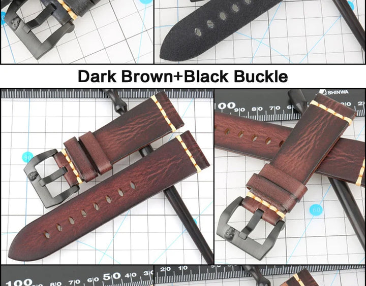 MAIKES Handmade Genuine Cow Leather Watch Band Vintage Black Watchband Watch Bracelet 20mm 22mm 24mm Watch Strap