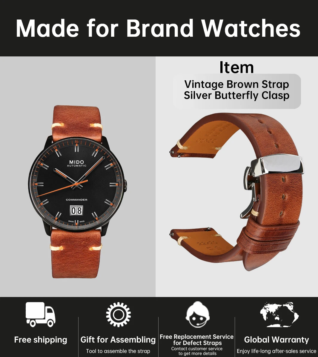 Vintage Vegetable-Tanned Leather Watch Band 20-24mm from Tuscany, Italy