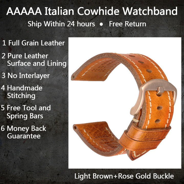MAIKES Handmade AAA Leather Watch Band – Vintage Black (20-24mm)