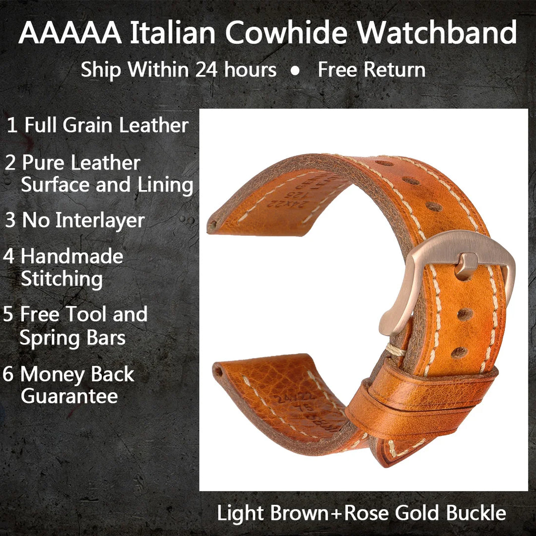 MAIKES Full Grain Cowhide Leather Watch Strap – Handmade Vintage for Omega & Hamilton