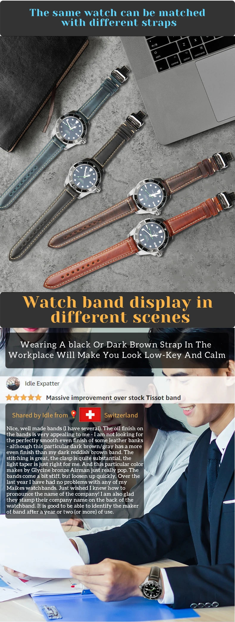 Cowhide Leather Watch Strap – 20/22/24mm, Butterfly Buckle Clasp
