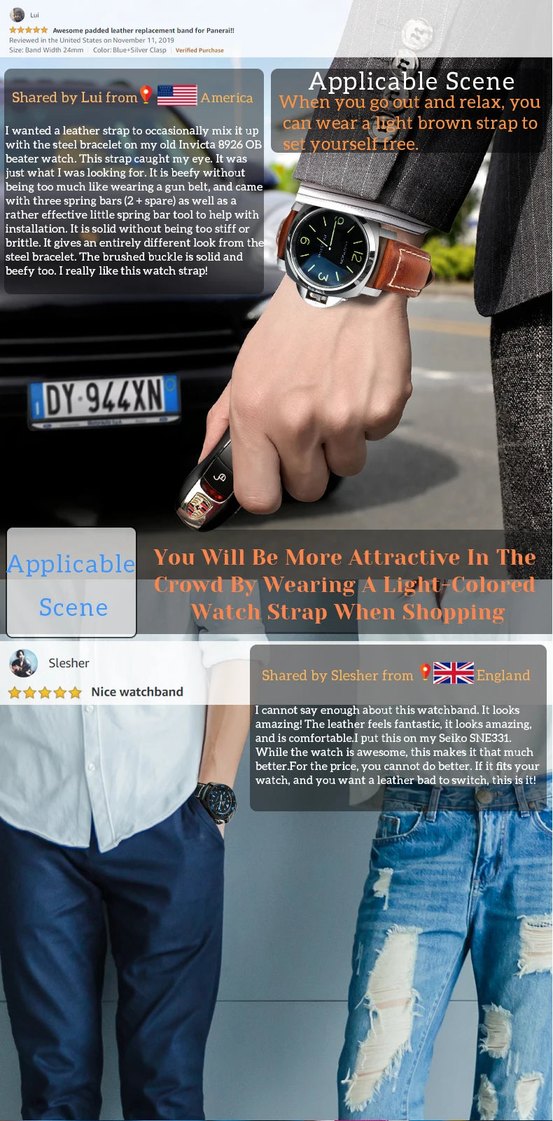 Cowhide Leather Watch Strap – 20/22/24mm, Butterfly Buckle Clasp