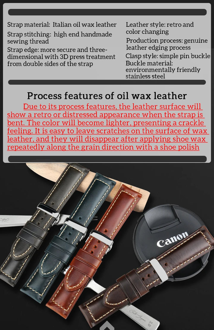 Cowhide Leather Watch Strap – 20/22/24mm, Butterfly Buckle Clasp