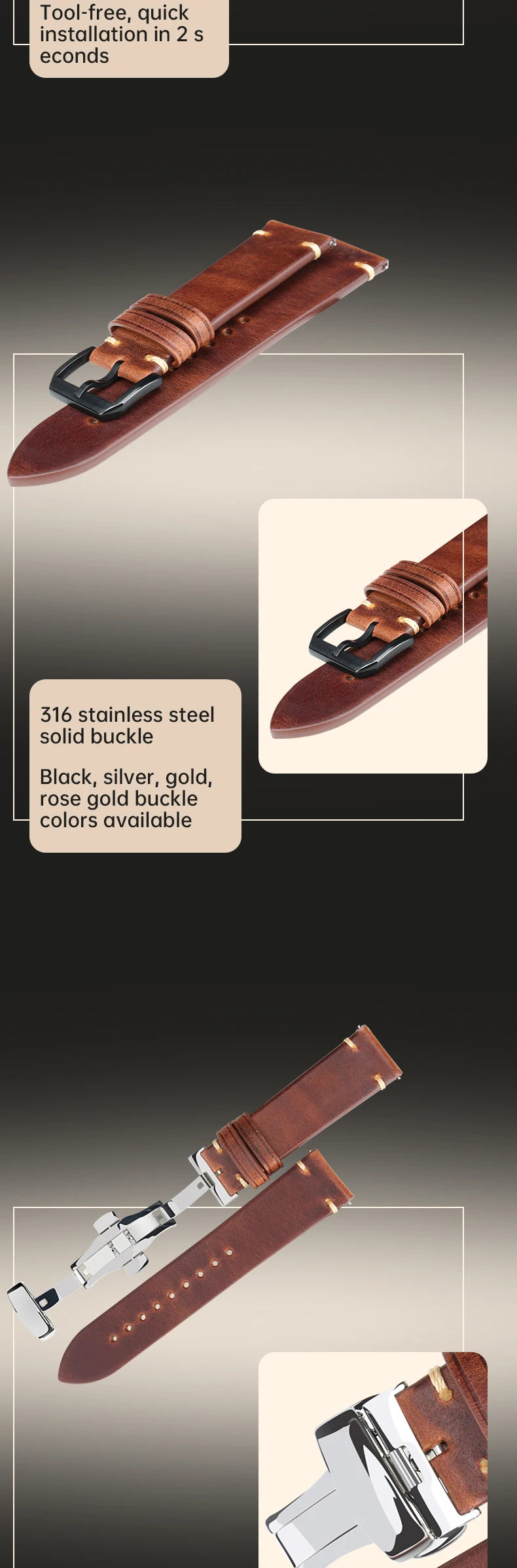 Vintage Vegetable-Tanned Leather Watch Band 20-24mm from Tuscany, Italy