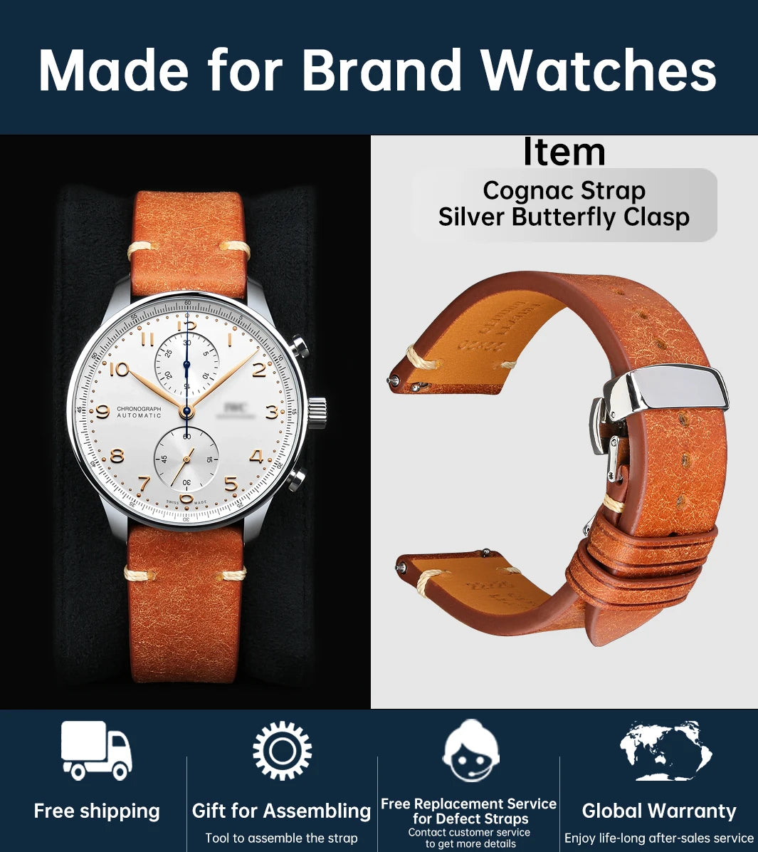 Luxury Italian Vintage Cowhide Leather Strap with Butterfly Buckle