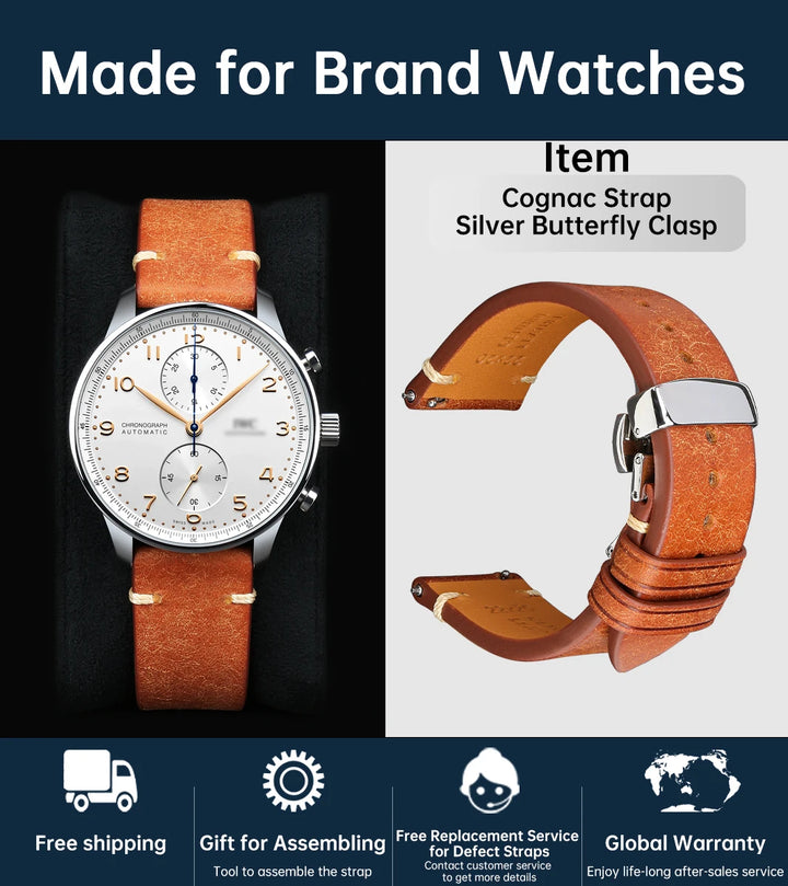 Luxury Italian Vintage Cowhide Leather Strap with Butterfly Buckle
