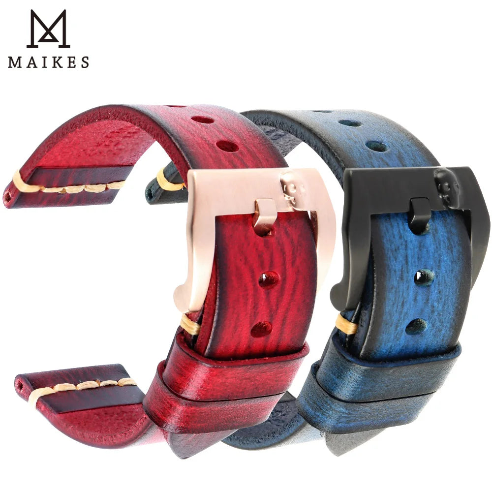 MAIKES Handmade Genuine Cow Leather Watch Band Vintage Black Watchband Watch Bracelet 20mm 22mm 24mm Watch Strap