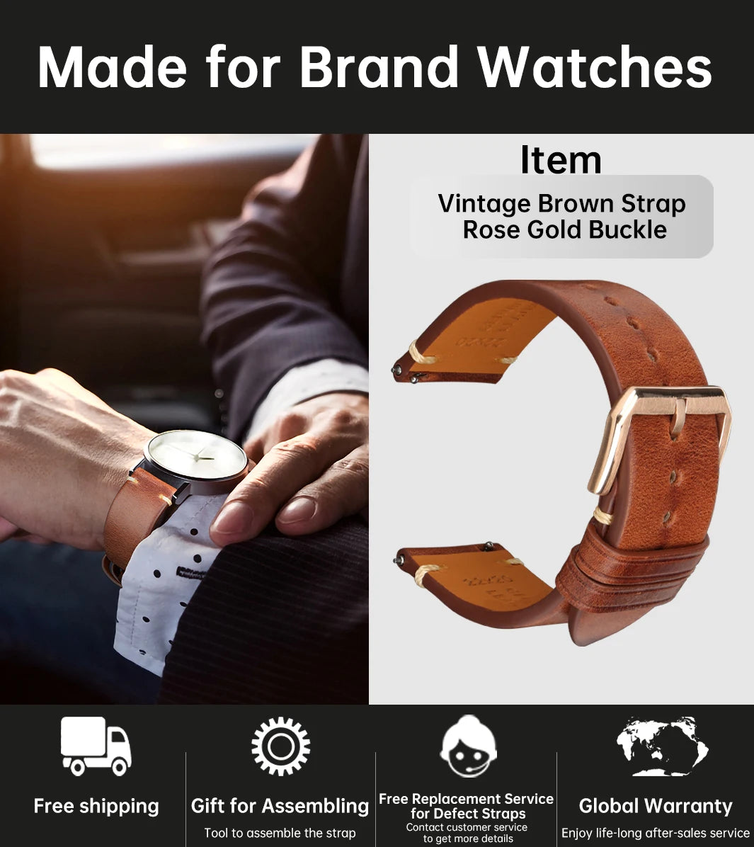 Vintage Vegetable-Tanned Leather Watch Band 20-24mm from Tuscany, Italy