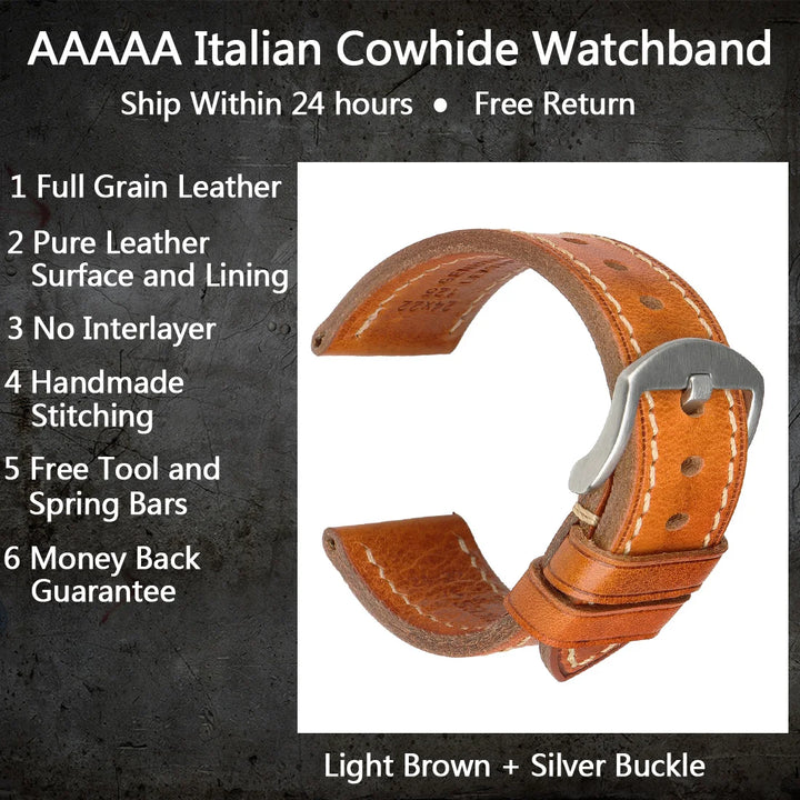 MAIKES Handmade AAA Leather Watch Band – Vintage Black (20-24mm)