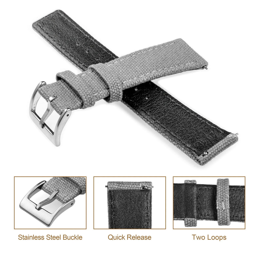 Hemsut Grey Canvas Quick-Release Watch Strap (18-22mm)