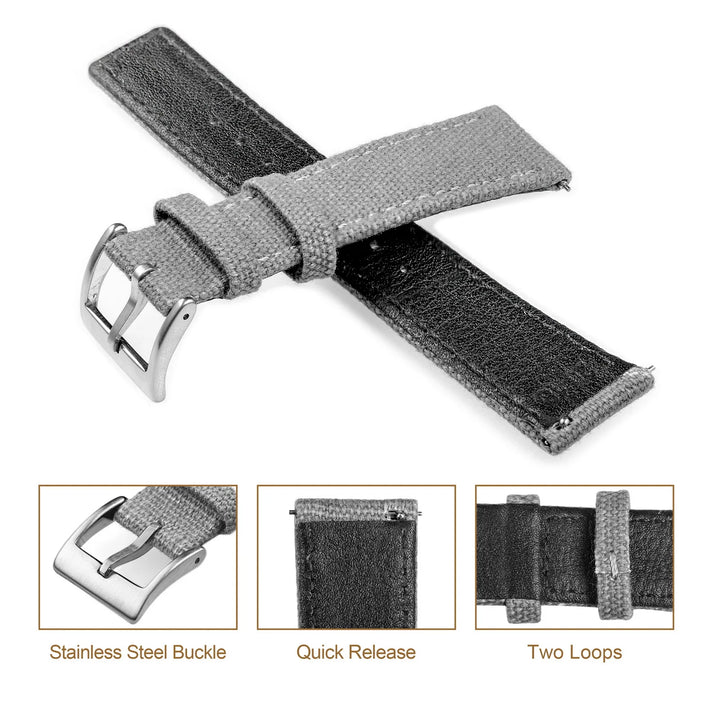 Hemsut Grey Canvas Quick-Release Watch Strap (18-22mm)