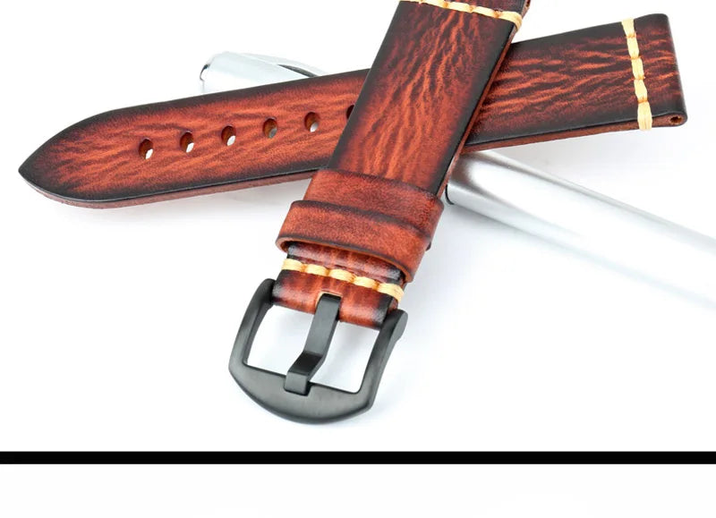 MAIKES Handmade Calfskin Leather Watch Strap – 20/22/24mm, Vintage for Panerai, MIDO & Longines