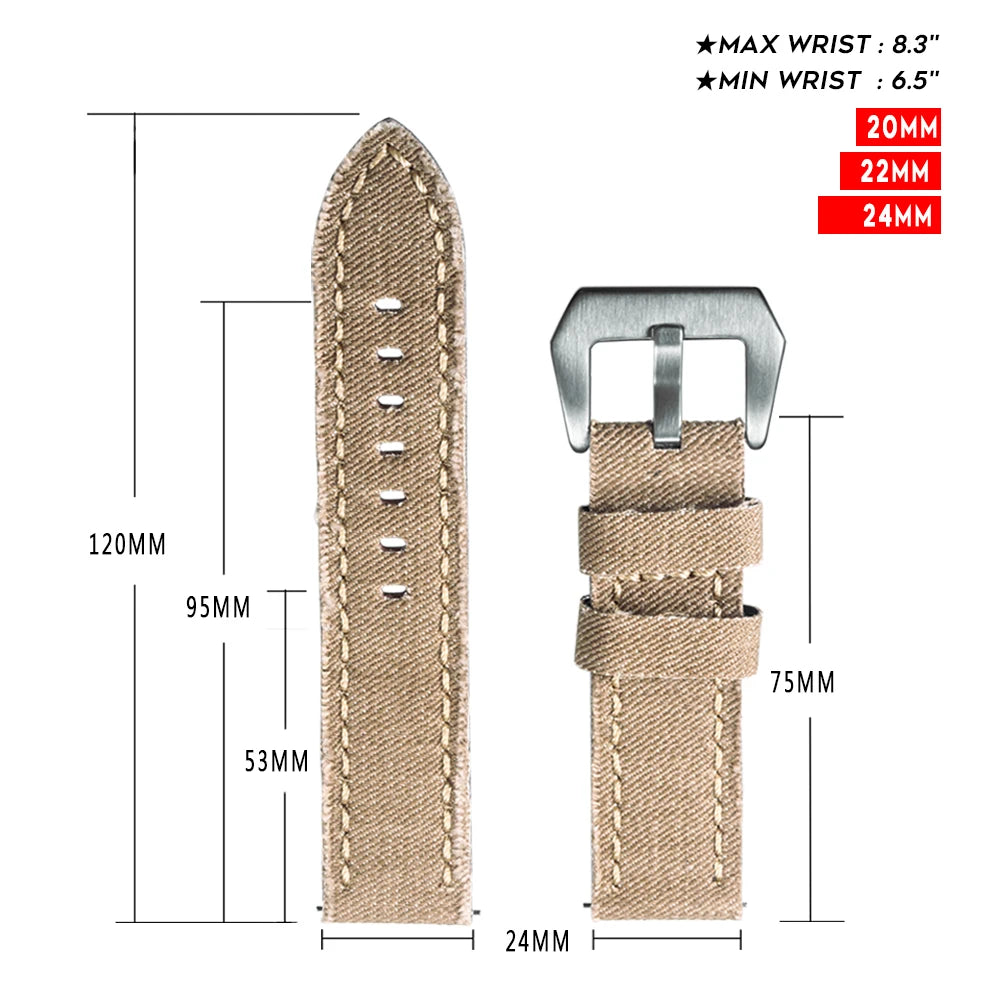 Hemsut Denim Canvas Watch Strap – 20–24mm Quick-Release Khaki, Steel Buckle