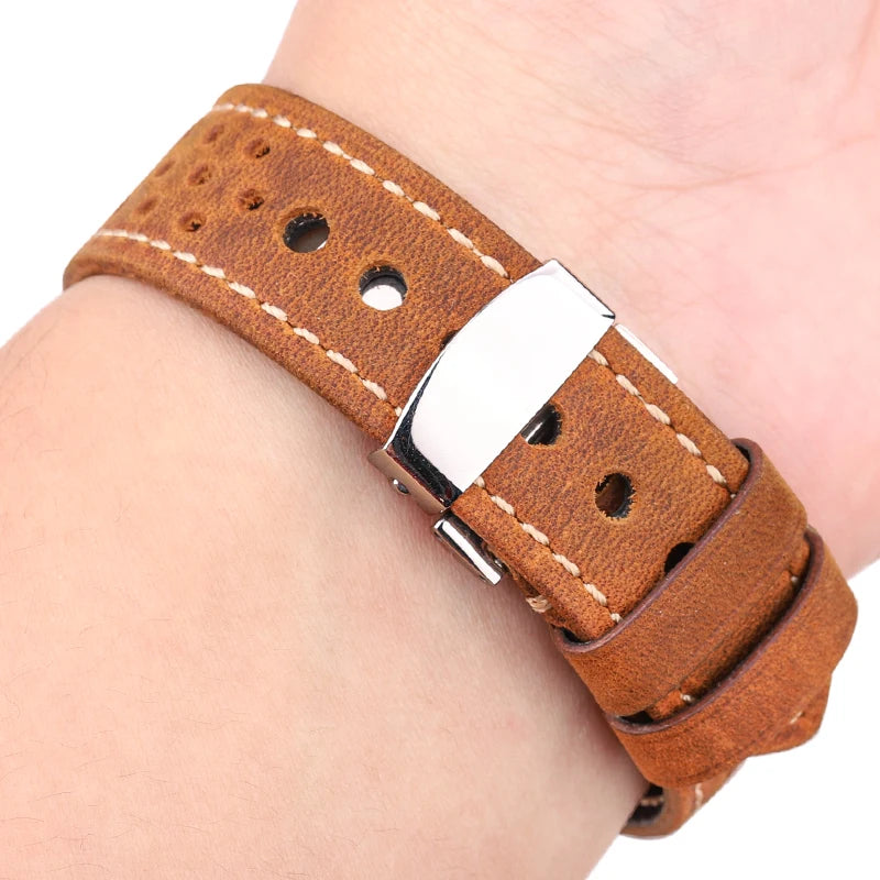 Breathable Genuine Leather Watchband with Deployment Clasp  20mm 22mm 24mm Comfortable Soft Watch Strap